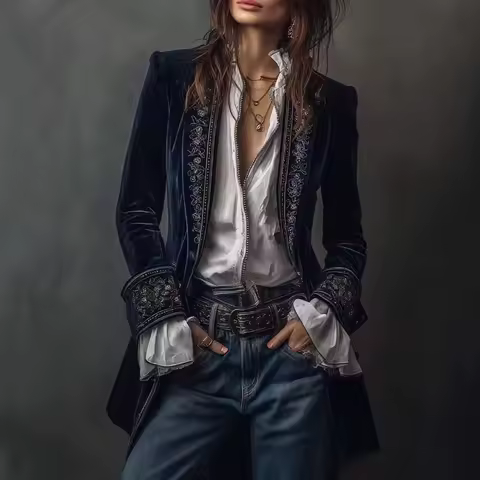 ZEMOREXMZ  autumn and winter new women's long-sleeved solid color splicing lace gold velvet jacket casual suit Y2K 2025