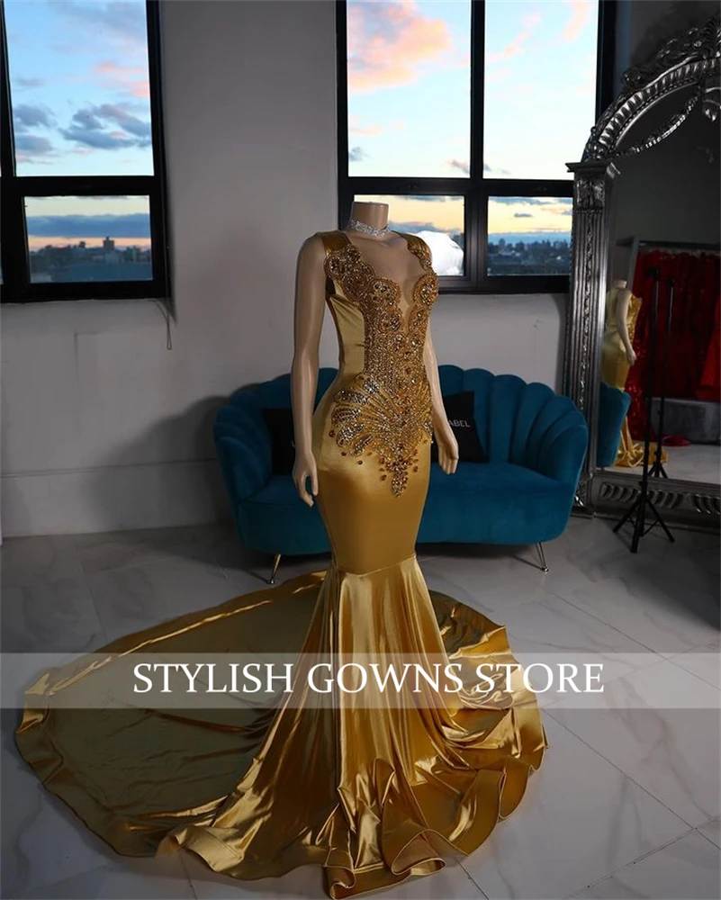 Gold Sheer O-Neck Long Prom Dress para meninas negras, strass cristal frisado, vestidos de festa de aniversário, vestidos de noite sereia