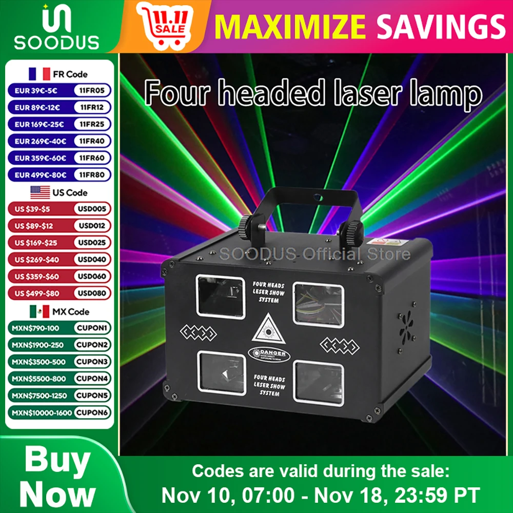 4 Heads Full Color Beam Light Projection Scanning Strobe Light DMX512 Control Flash Lights for Stage KTV Party Bar Show Lighting