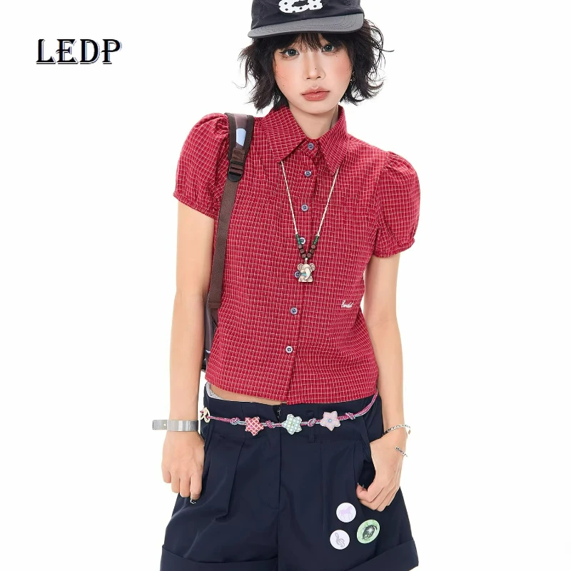 

2026 Summer Girl Blue Plaid Bubble-sleeved Women's Shirt Korean Slimming Plaid Versatile Age-reducing Short-sleeved Shirts Girl