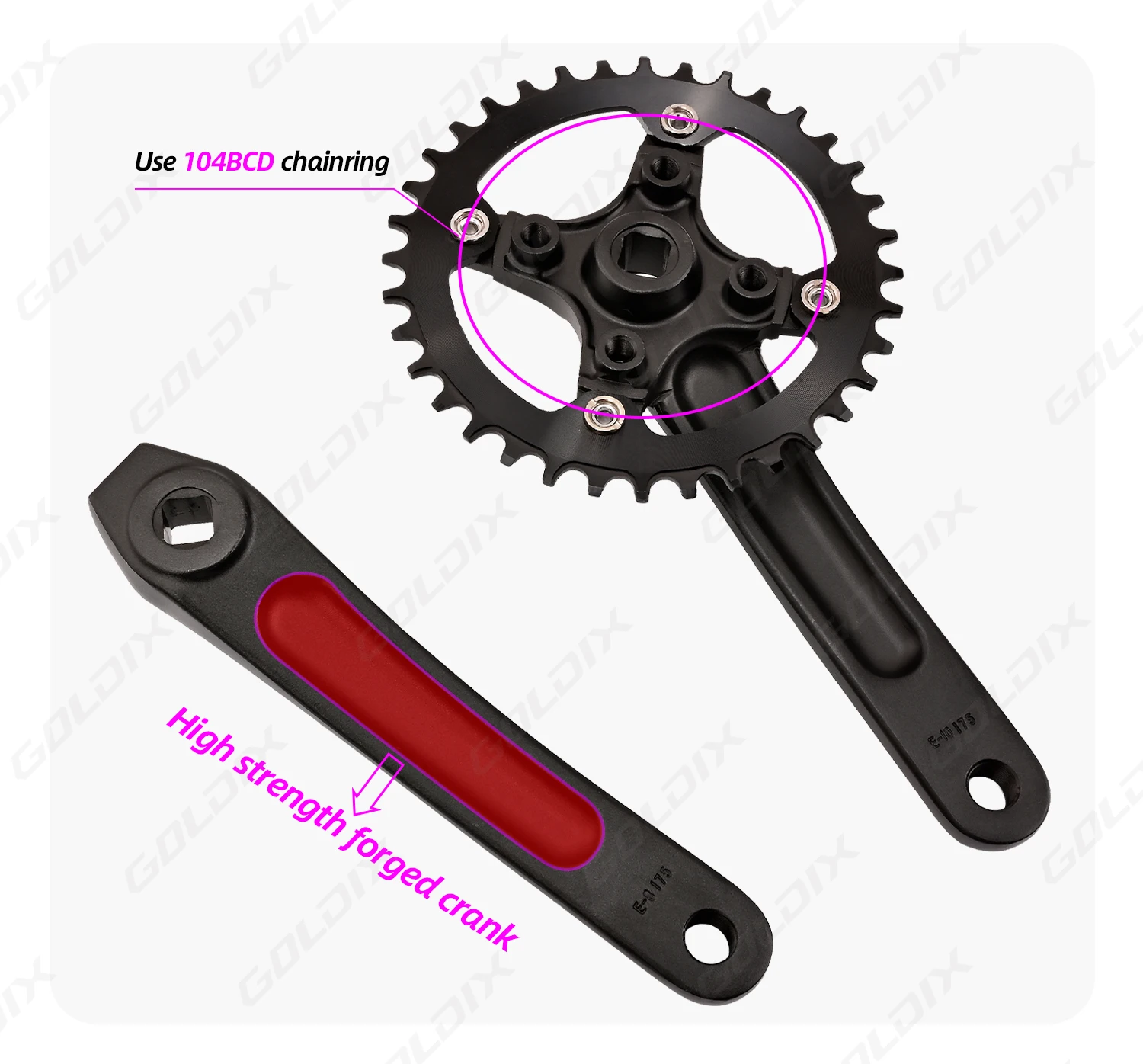 GOLDIX Fahrradkurbelgarnitur mit Vierkantloch, Aluminiumlegierung, MTB-Kurbel, 165/170/175 mm Länge, schmale breite Zähne, 104BCD, 32/34/36/38/40/42T – Detail 7