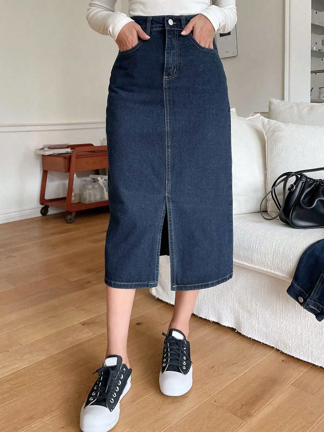 

High-Waisted Denim Midi Skirt with Front Slit and Slant Pockets