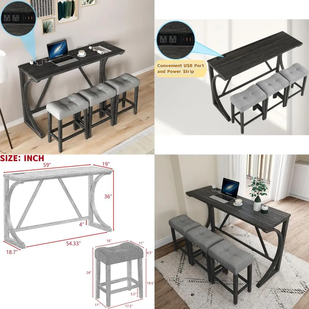 카운터 높이 식탁 세트 - 전원 콘센트가 있는 나무 바 테이블 및 3개의 패브릭 의자