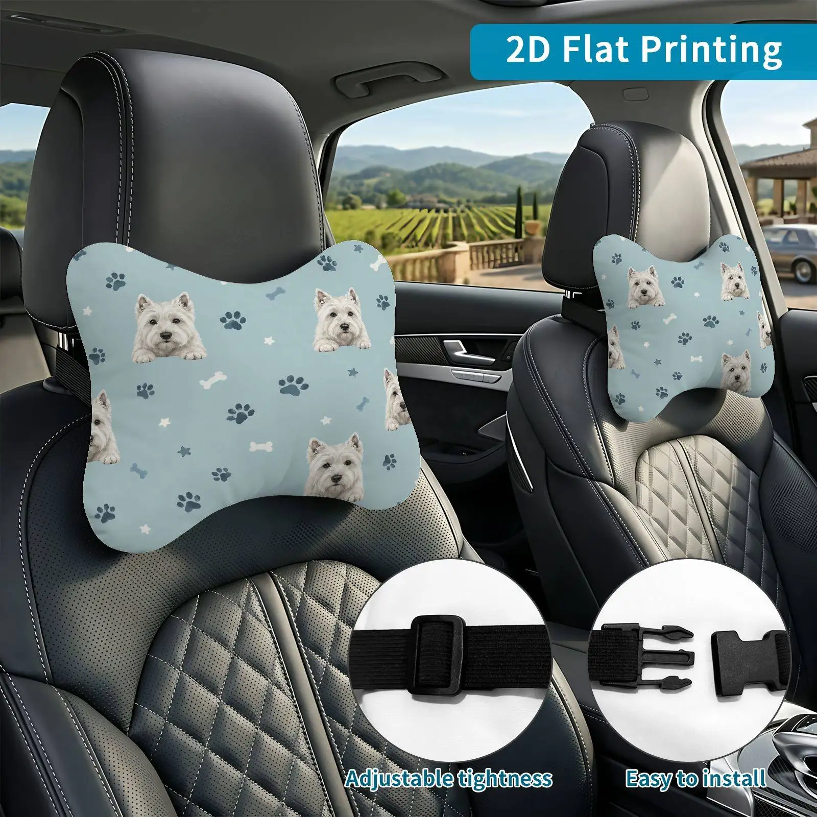 2pcs Dog Paw Bone Pattern Car Seat Headrest, Neck Support Cushion, Suitable For All Seasons Of Car Additions, Dog Lover Theme, T