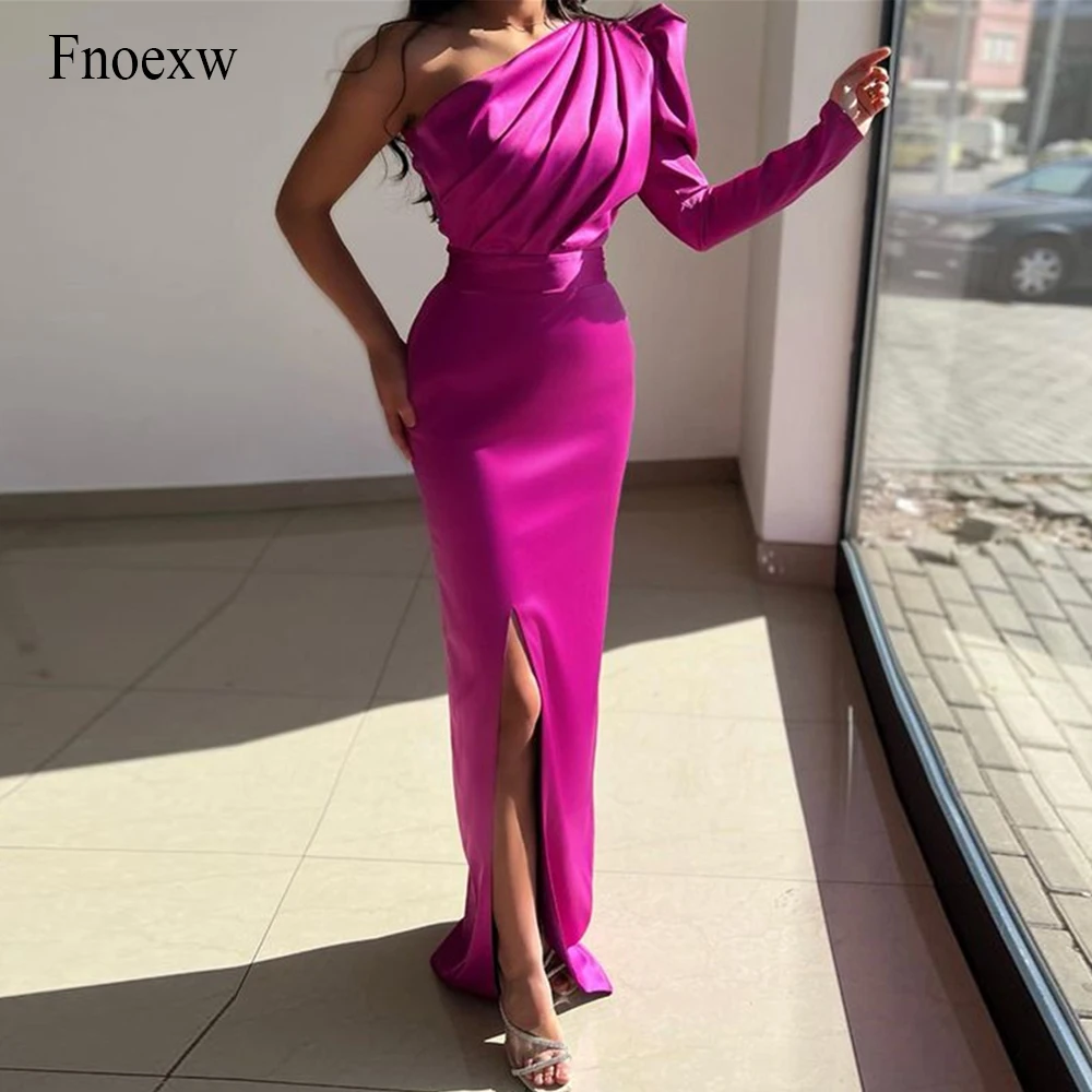 

Fnoexw Fuschia Saitn Prom Dresses Women's One Shoulder Sleeve Birthday Evening Formal Party Quinceanera Pleat Vestido De Gala