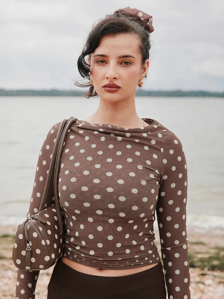 

SiSterlinda Hottie Sexy T-Shirt Women Trend Polka Dot Print See Through Full Sleeve O-Neck Stretch Skinny Daily Street Crop Tees