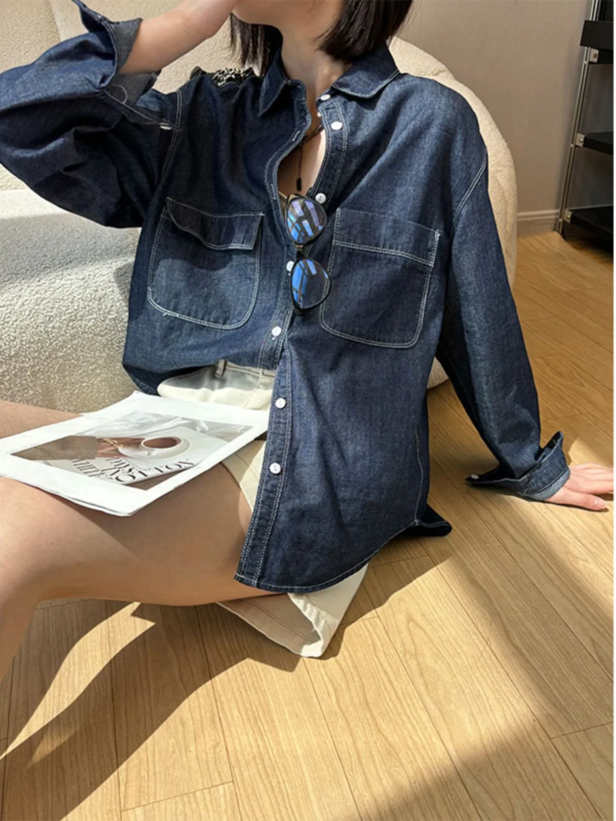 

Женская свободная рубашка из денима с защитой от солнца, в стиле ретро, с длинными рукавами, на пуговицах, повседневная, от Zhiyu Selection