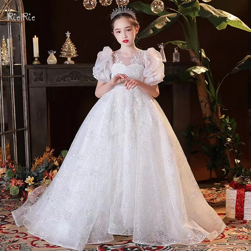 

Wedding Dress For Girls Elegant White Bridesmaid Lace Flower Girl Trailing Tutu Evening Gowns Bow Girl Party Birthday Vestidos