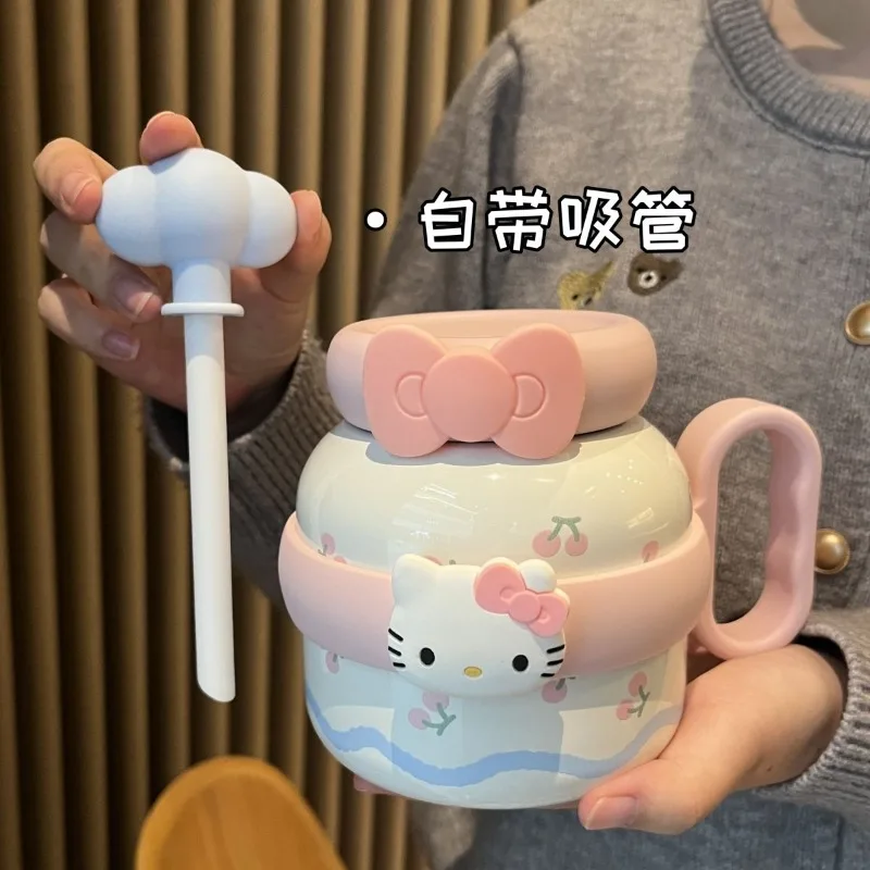 sanrio Hello Kitty Cute Big Belly Thermos Cup with Straw for Girls High-Looking Portable Handle Student Cup Holiday Gift