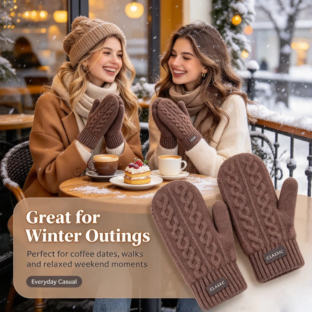 1 Pair Women's Classic Cable Knit Mittens Thick Warm Winter Gloves with Ribbed Cuff Soft Fleece Lined Handwear for Snow, Coffee Dates & Outdoor Walks