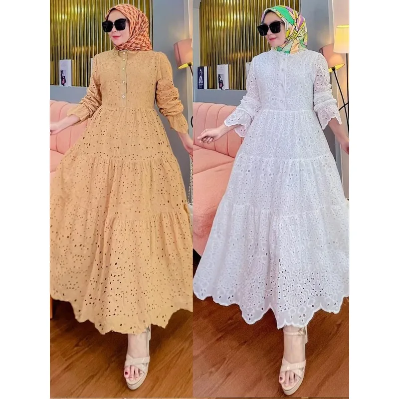 Robe musulmane brodée en dentelle creuse pour femmes, col à manches longues, fraîche et douce, nouveau produit de printemps