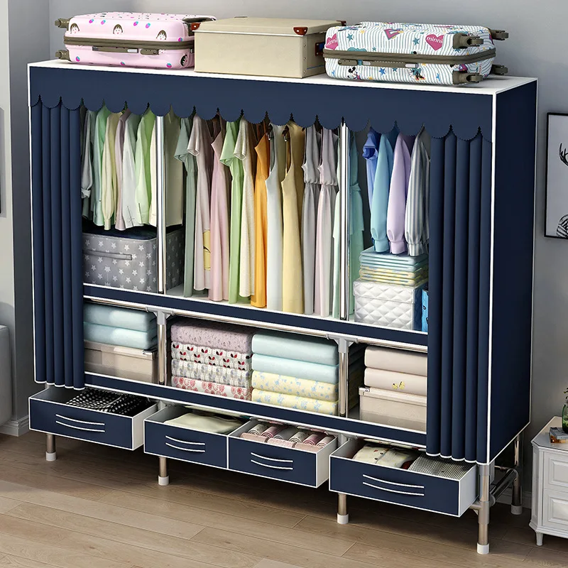 

Durable Easy Wardrobe with Drawers Bedroom Steel Frame Assembly Clothes Closet Grommet Thickened Design Simple Wardrobe