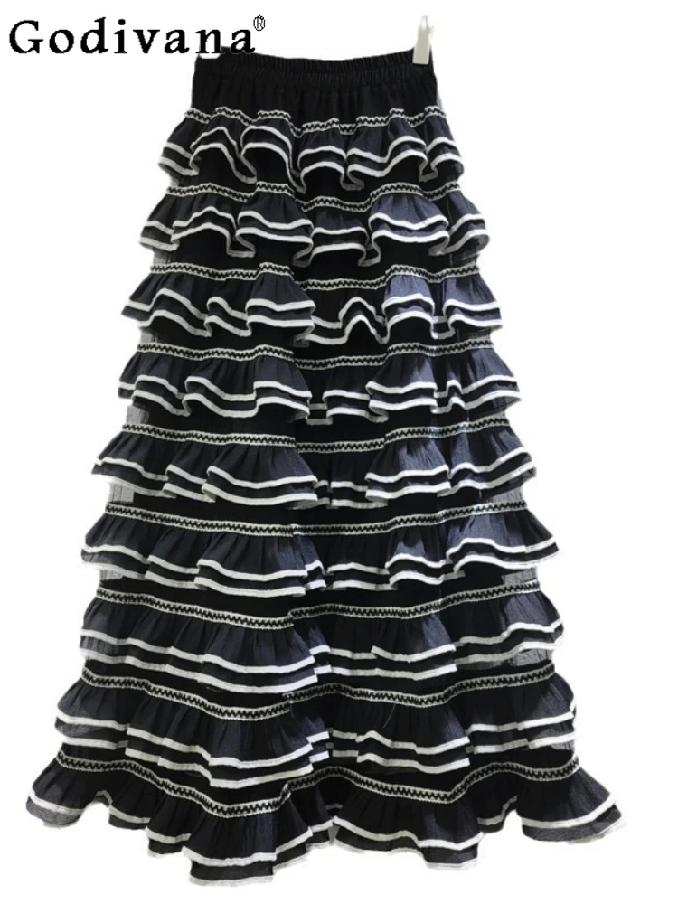 

Весна-лето контрастных цветов, милая французская юбка-тортик, модная универсальная свободная полосатая длинная юбка трапециевидной формы с высокой талией