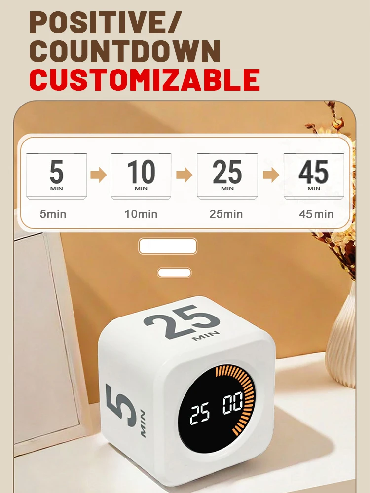 Productivity Timer Productivity Cube Timer Gravity Sensor LED Display 4 Preset Time Kids Time Management Kitchen Countdown Timer