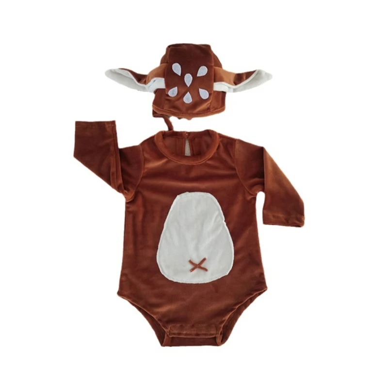 

57EE Newborn Photo Props Deer Ear Bonnet Hat & Jumpsuit Baby Photography Clothes Dress Up Romper & Hat Reindeer Costume