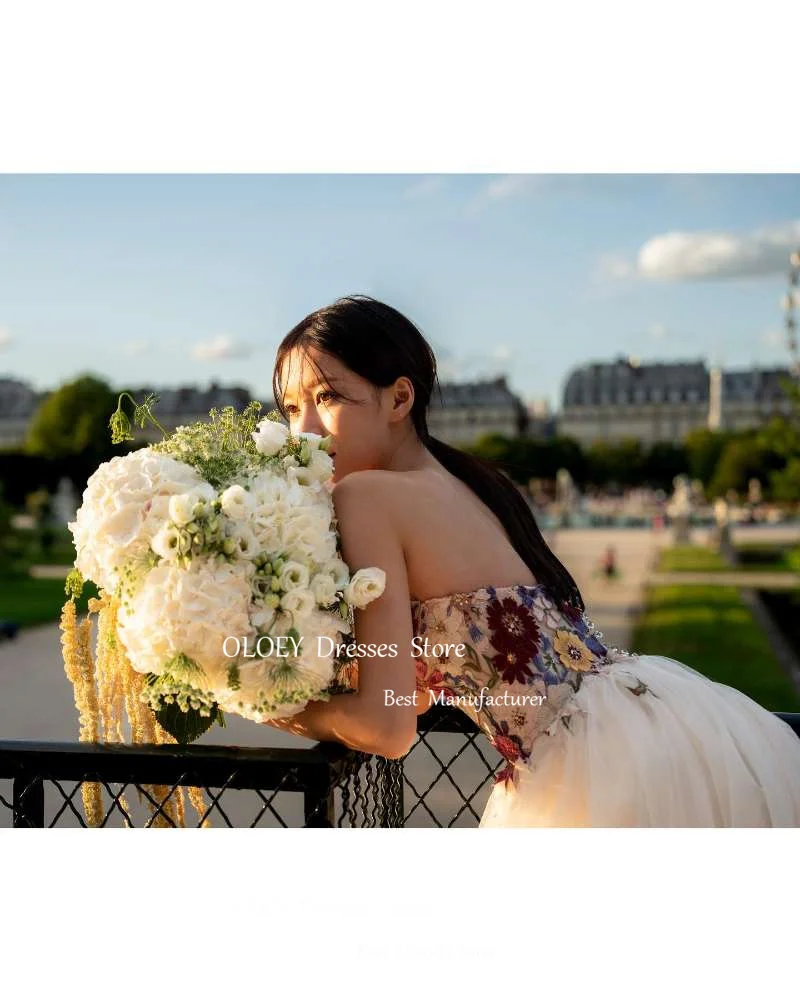 Oloey Fee Tüll eine Linie Korea Brautkleider Schatz 3d Blumen Garten Brautkleider Korsett zurück Fotoshooting Abendkleid