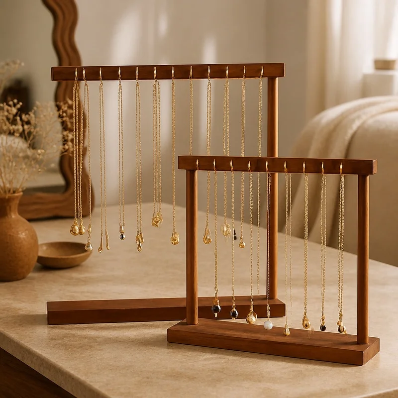 Wooden Jewelry Stand for Earrings, Necklaces, and Bracelets - Compact Countertop Organizer with Hanging Storage