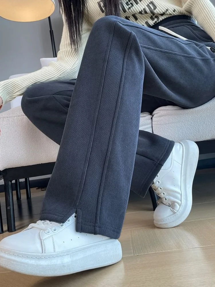 

Women's Fce Lined Thi Wide Leg Pants Straight Cut Trousers Autumn Winter High Waist Long Casual Banana Pants