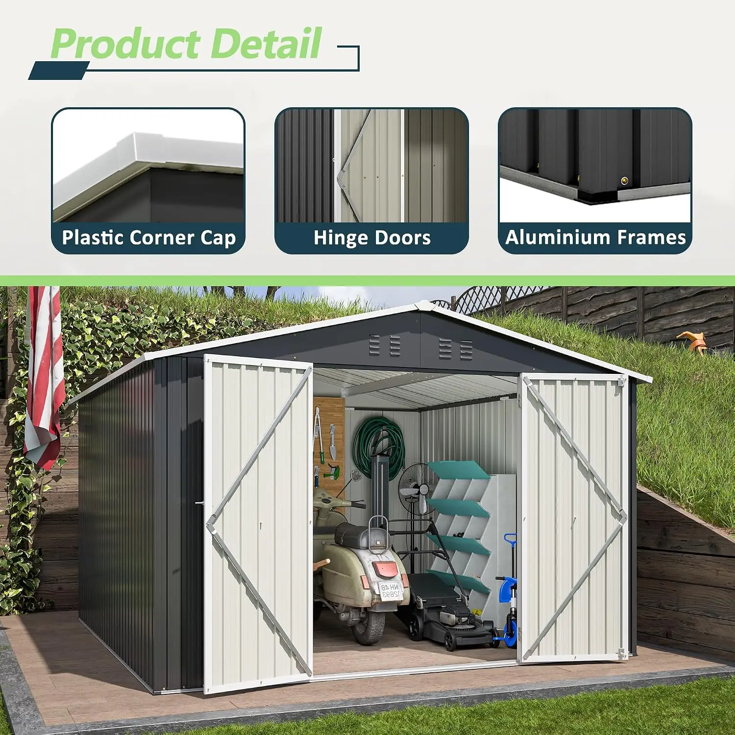10x10 FT Metal Storage Shed with Lockable Doors Sloped Roof & 4 Vents Waterproof for Backyard Patio Lawn, Customized