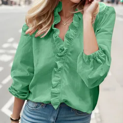 Green Blouse Women Chiffon Ruffles Solid Loose Fit Womens Tops And Blouses Casual V Neck Lantern Sleeve Plus Size Shirts Tunic