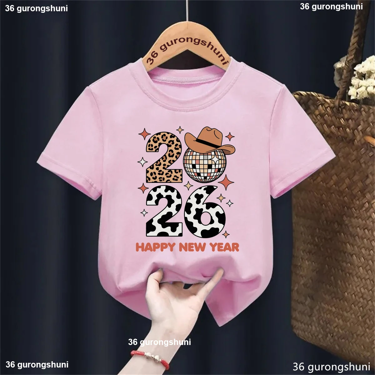 

Cool Kids Clothes 2026 Happy New Year Cow Leopard Printed T Shirt Girls/Boys Holiday Gifts Shirt Short Sleeve T-Shirt Tops