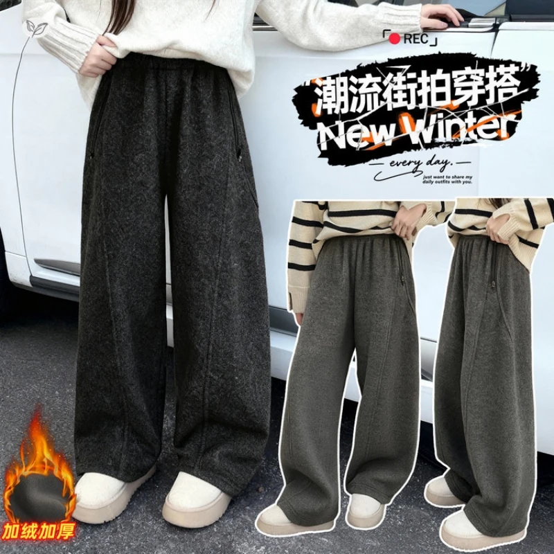 

Girls' Fleece-lined Casual Pants - Woolen Saber Pants. Loose and Warm Winter Long Pants Suitable for Ages 7-14 Youth.