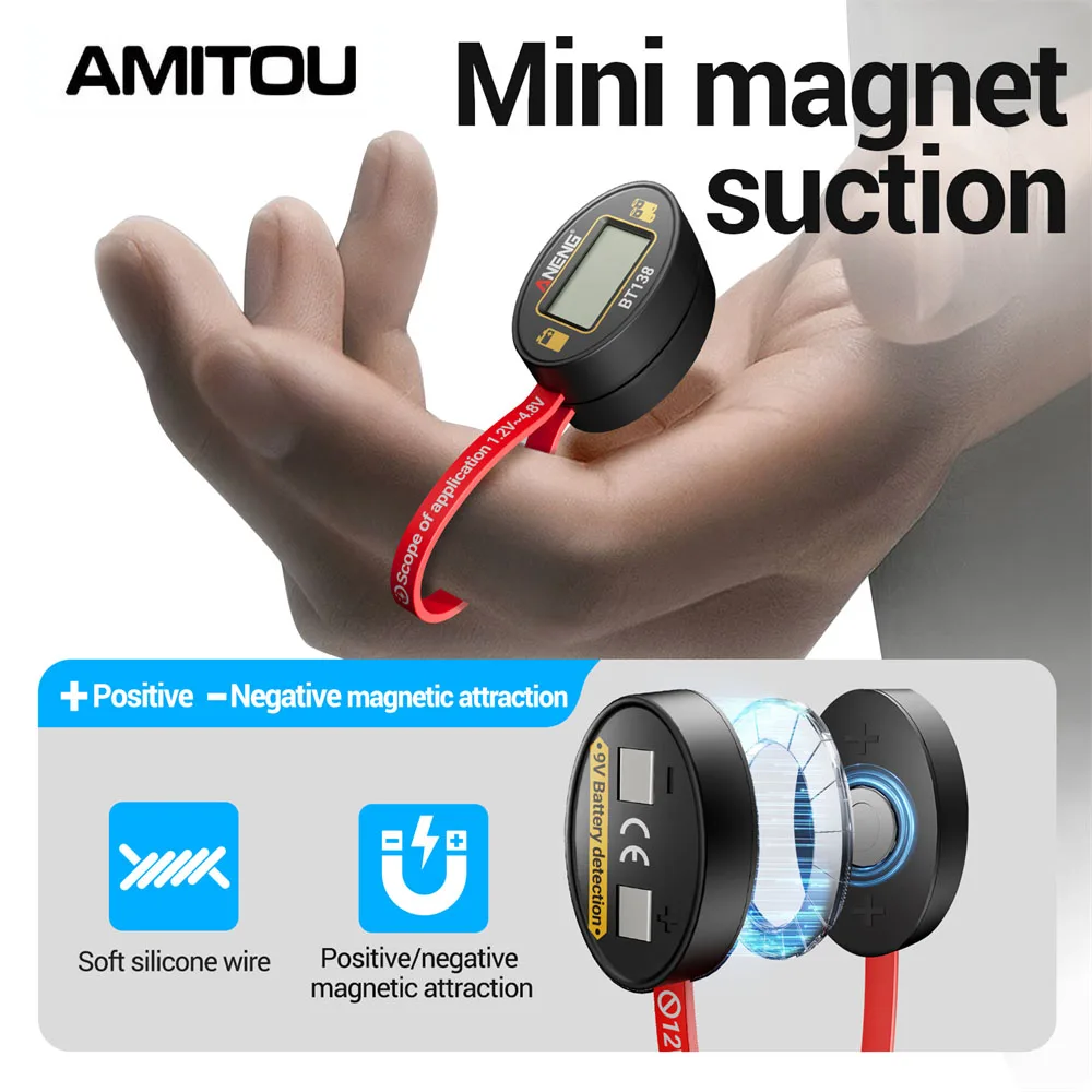 AMITOU BT138 شاشة رقمية كاشف مستوى البطارية C D AA AAA زر خلية ليثيوم اختبار المحمولة عرض اختبار قوة البنك الكاشف