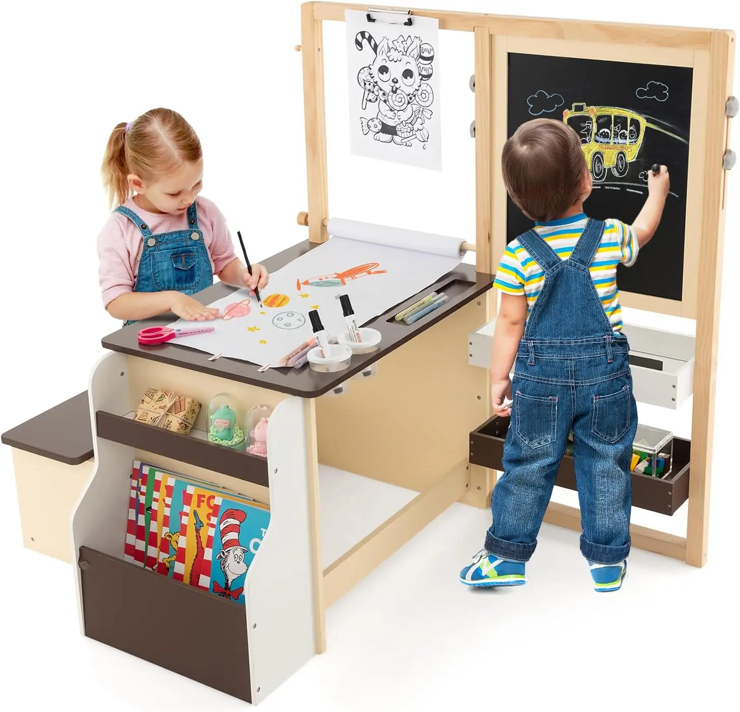 Easel for Kids, Wooden Art Center with Double-Sided Blackboard & Whiteboard, Paper Roll for Drawing, Crafts, Writing, Toddler Activity Table with Storage, Kids Table and Chair Set (Brown)