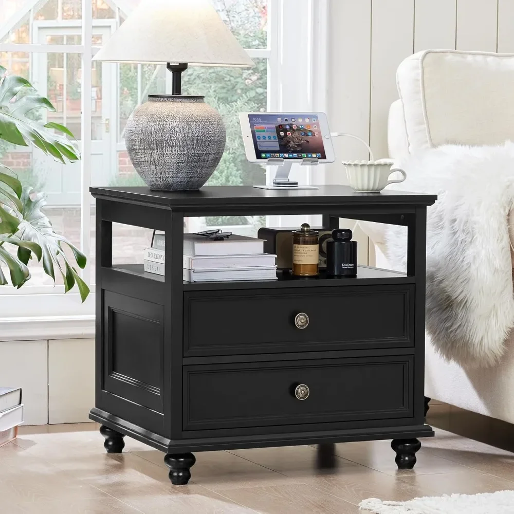

Farmhouse Nightstand with Charging Station, 24" Wide End Table with 2 Drawers, Black Dresser for Bedroom, Bed Side Table Chest o