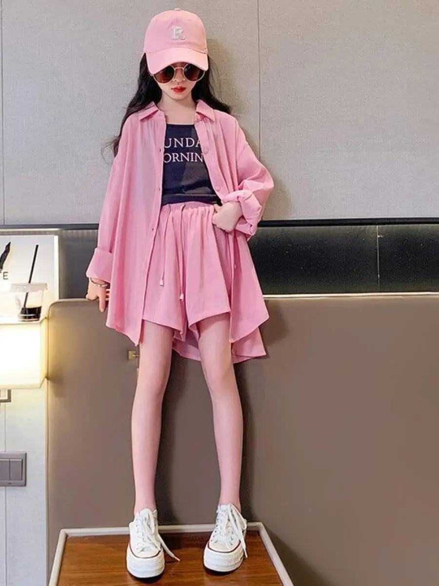 女の子夏服日焼け止め3点セット2026新作中学生大きい子供用ストラップベスト日焼け止めジャケットショートパンツおしゃれ