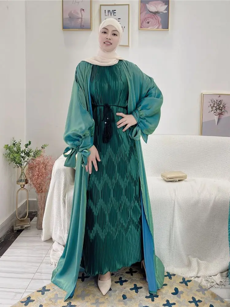 Imagem -05 - Vestido Muçulmano com Manga Puff para o Ramadã e Eid Dubai Abayas Islam Abayas Dubai Robes Kimono Extragrande Shiny Djellaba Wy937