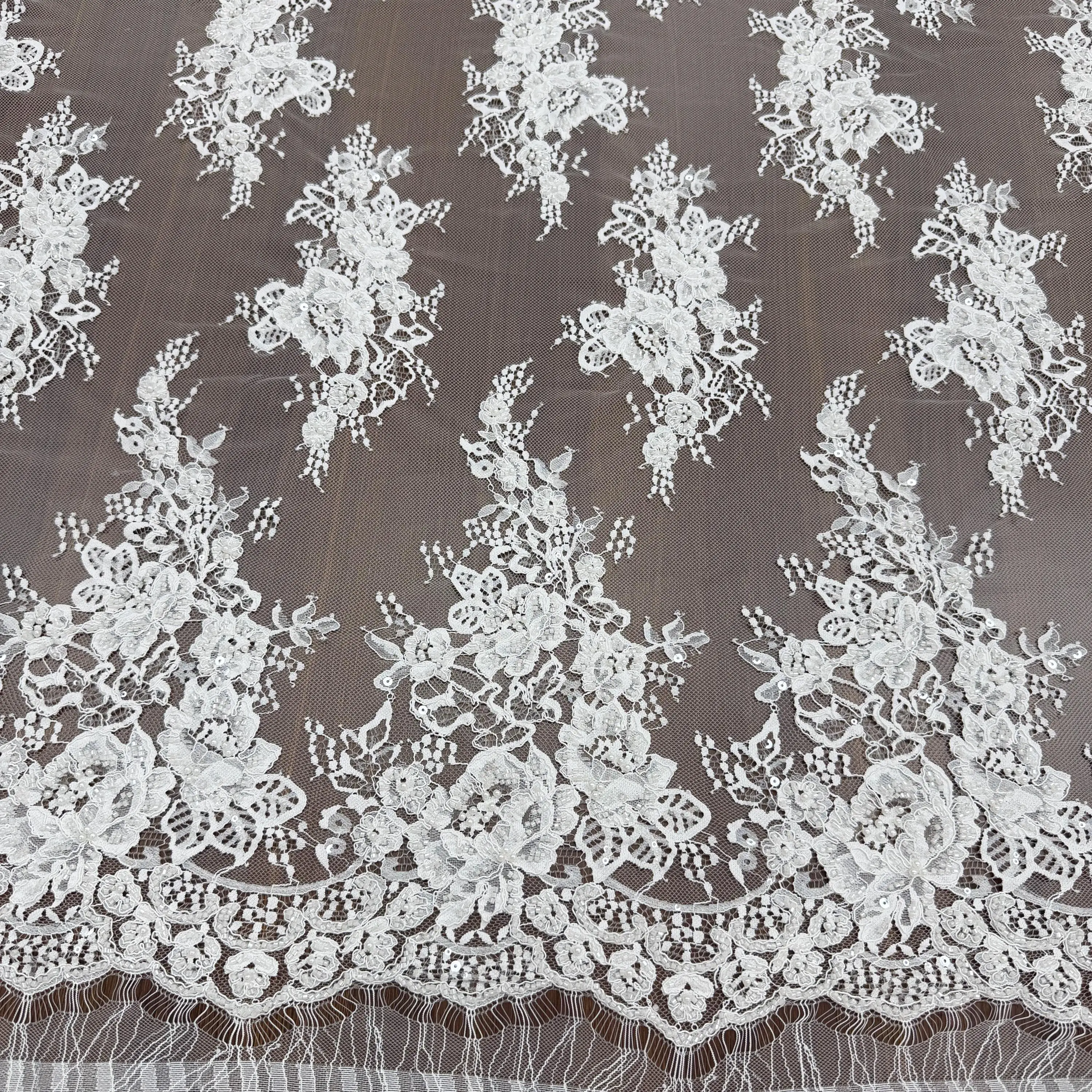 3D Beaded Alencon Lace Fabric ,Cord Floral Emrboidery Fabric  for Wedding Gown, Lace Caps, Bridal Veils