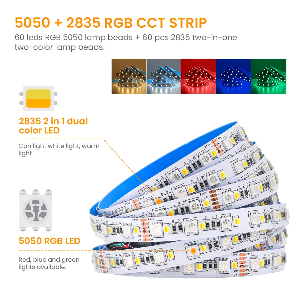 Imagem -02 - Rgbcct Led Strip 120leds m 5050 Rgb 2835 Branco Quente Branco Flexível Led Strip Lights Fita para Decoração de Casa dc 12v 24v 5m