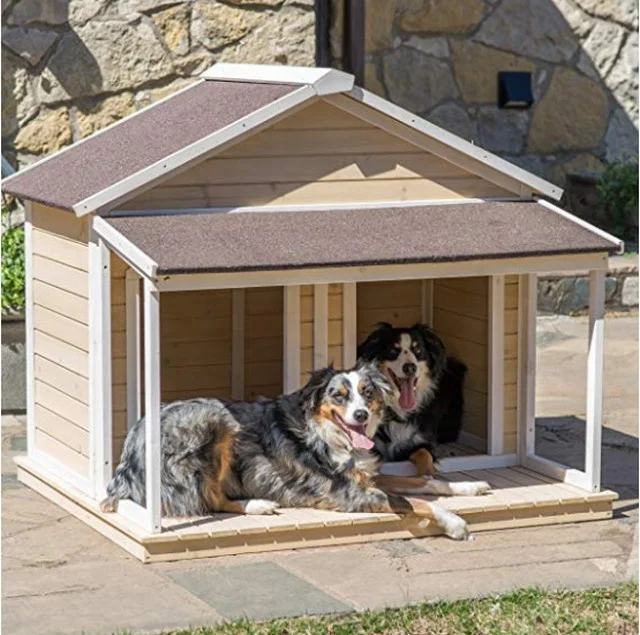 Large Dog House Solid Wood Crates 51x43x43 W Balcony Entrance for Two Dogs for Outdoor Dog Bed Raised Bottom and Natural