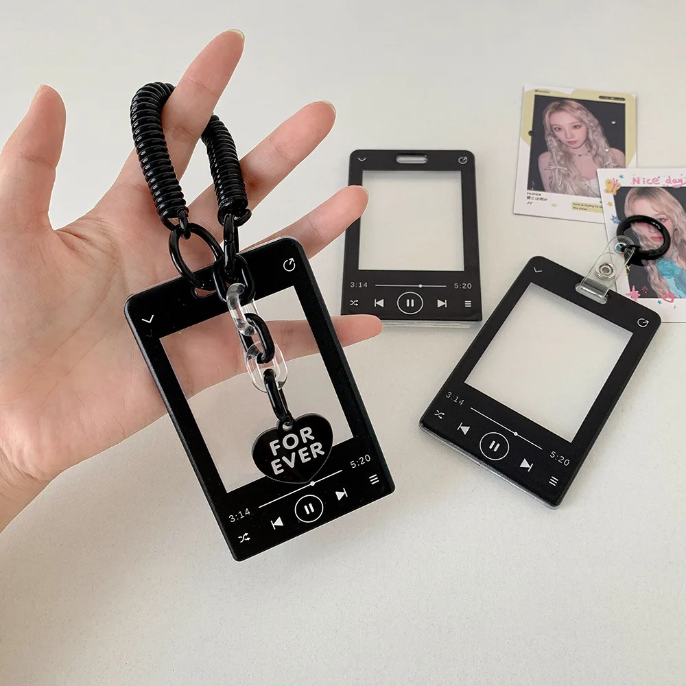 Black Keychain Retractable Reel with Clear ID Card Holder Student Pass Sleeve for KPOP Album Cards Colorful Collectors Accessory