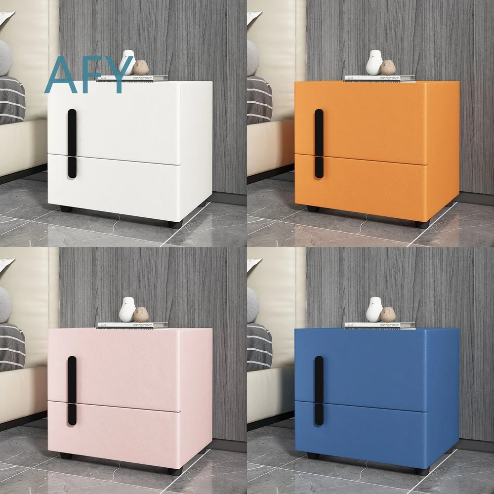 Italian Luxury Style Bedside Table with Dual Drawers Solid Wood Minimalist Leather and Stone Slab Nightstand for Modern
