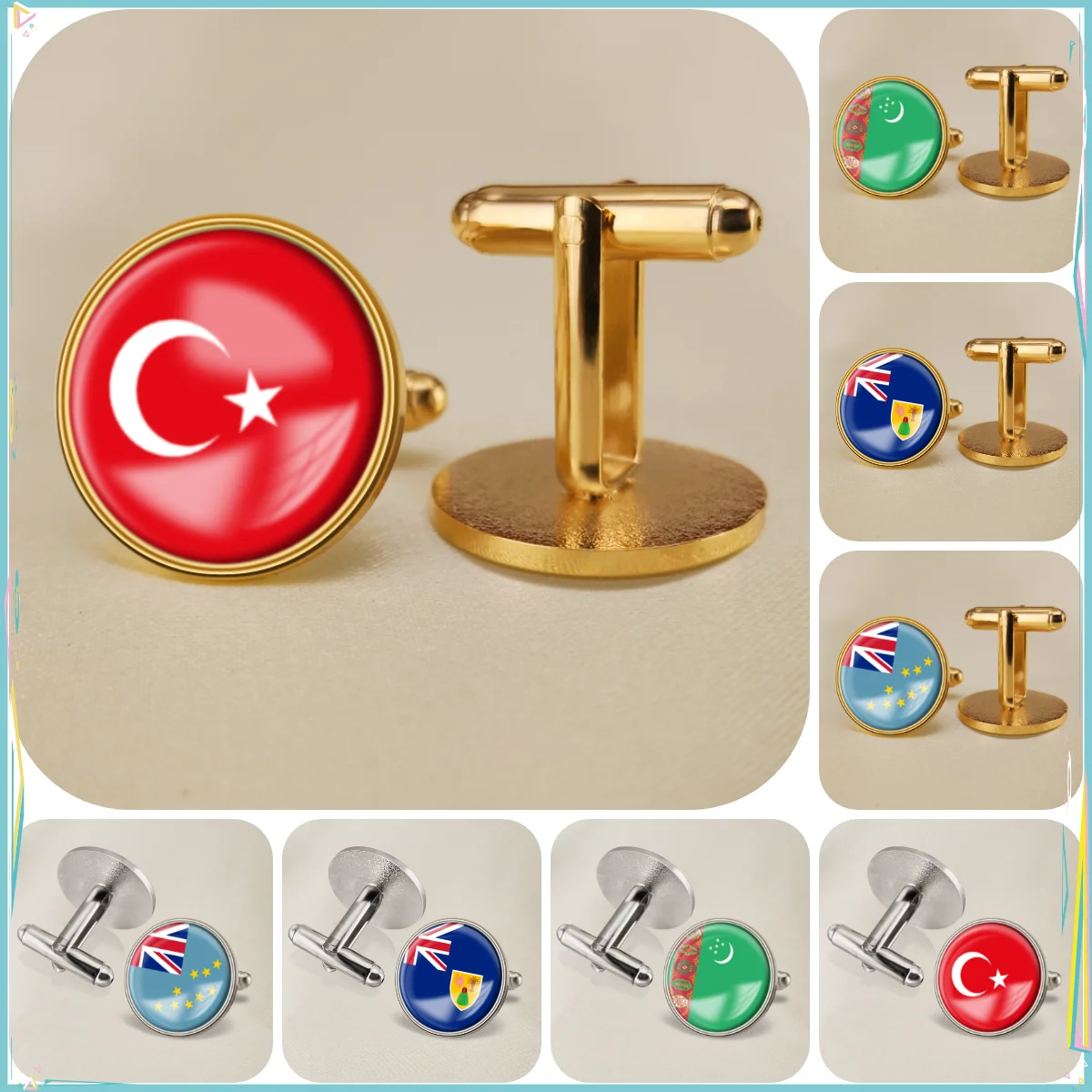 Turkey Turkmenistan Turks and Caicos Islands Tuvalu National Emblem Flag Cufflinks