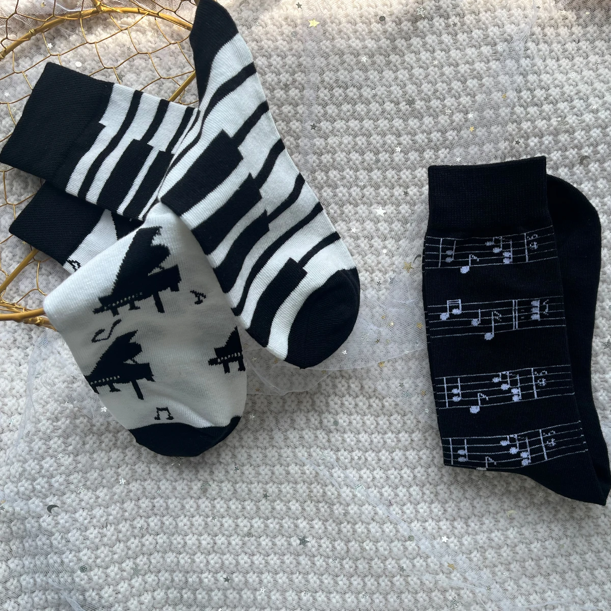 1 Pair Unisex Socks Piano Note Print Creative Comfy Mid Tube Socks Suit In All Seasons