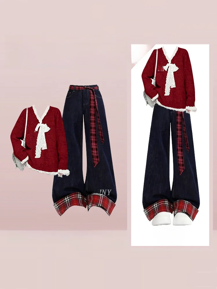 السنة الجديدة الأحمر Aosphere الحلو الدانتيل الربط محبوك سترة عالية الخصر واسعة الساق الجينز Faionable الزي قطعتين مجموعة النساء