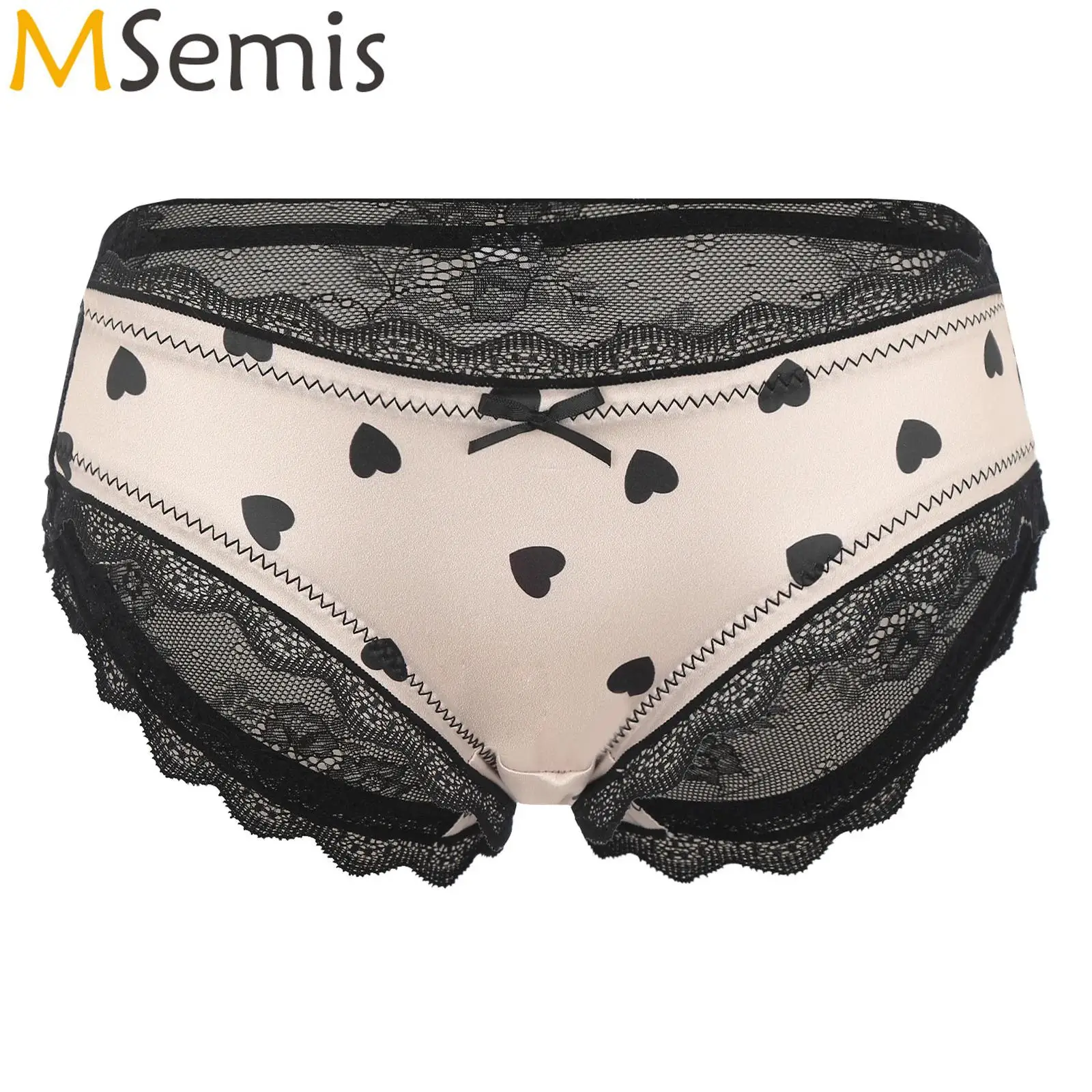 

Womens Lingerie Hollow Out Kawaii Japanese Underwear Cute Low Waist Ruffle Hearts Print Lace Underwear Cotton Briefs Panties