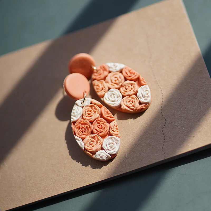Multi Shapes Shades Colors Molded Stamping Roses Floral Patton Metal Polymer Clay Vintage Elegant Earrings Jewelry Stud Sets