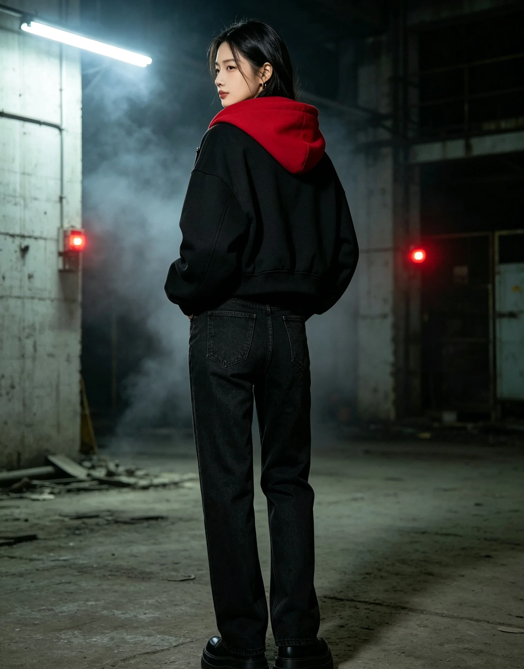 Kontrastroter Kapuzenpullover mit asymmetrischer Schnalle und Reißverschluss, Unisex, Oversized, Gothic Streetwear, lässige Kapuzenjacke – Detail 6