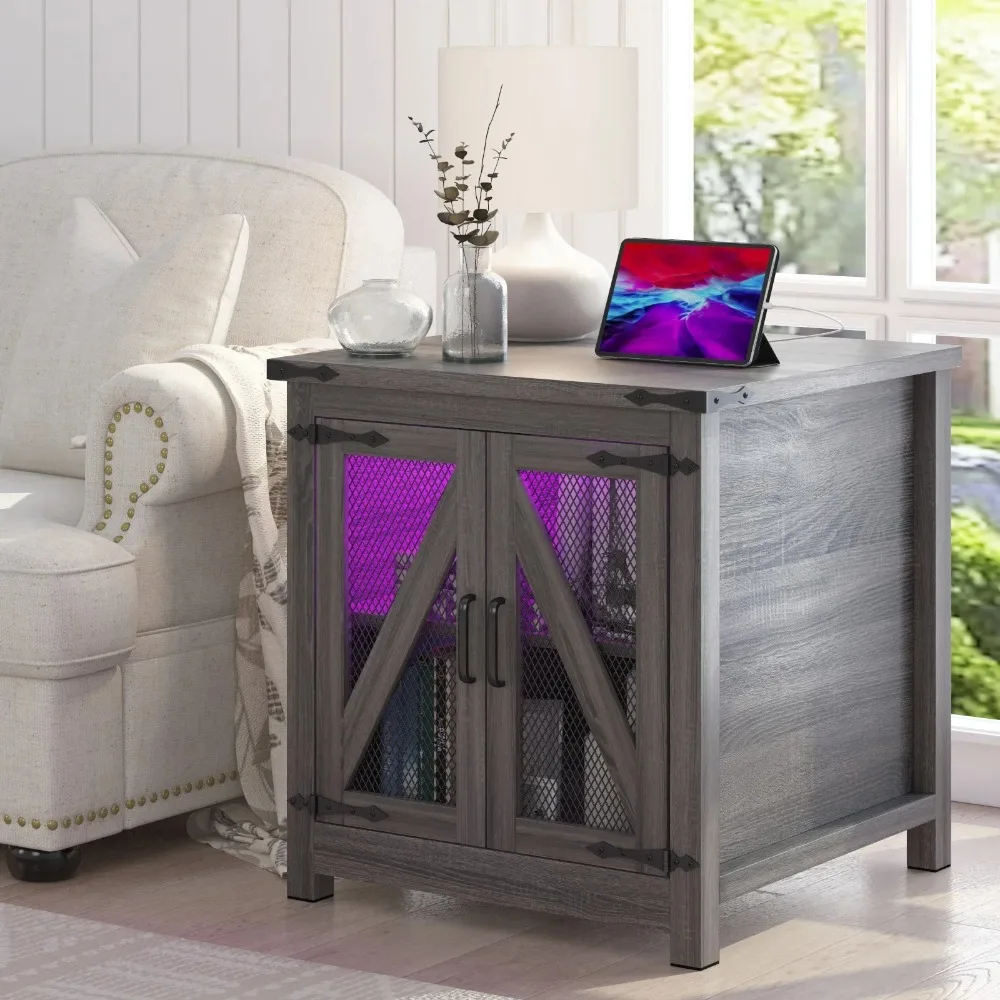 

24" Farmhouse Side Table with LED Light and Charging Station, Mesh Barn Door, Adjustable Storage Shelves