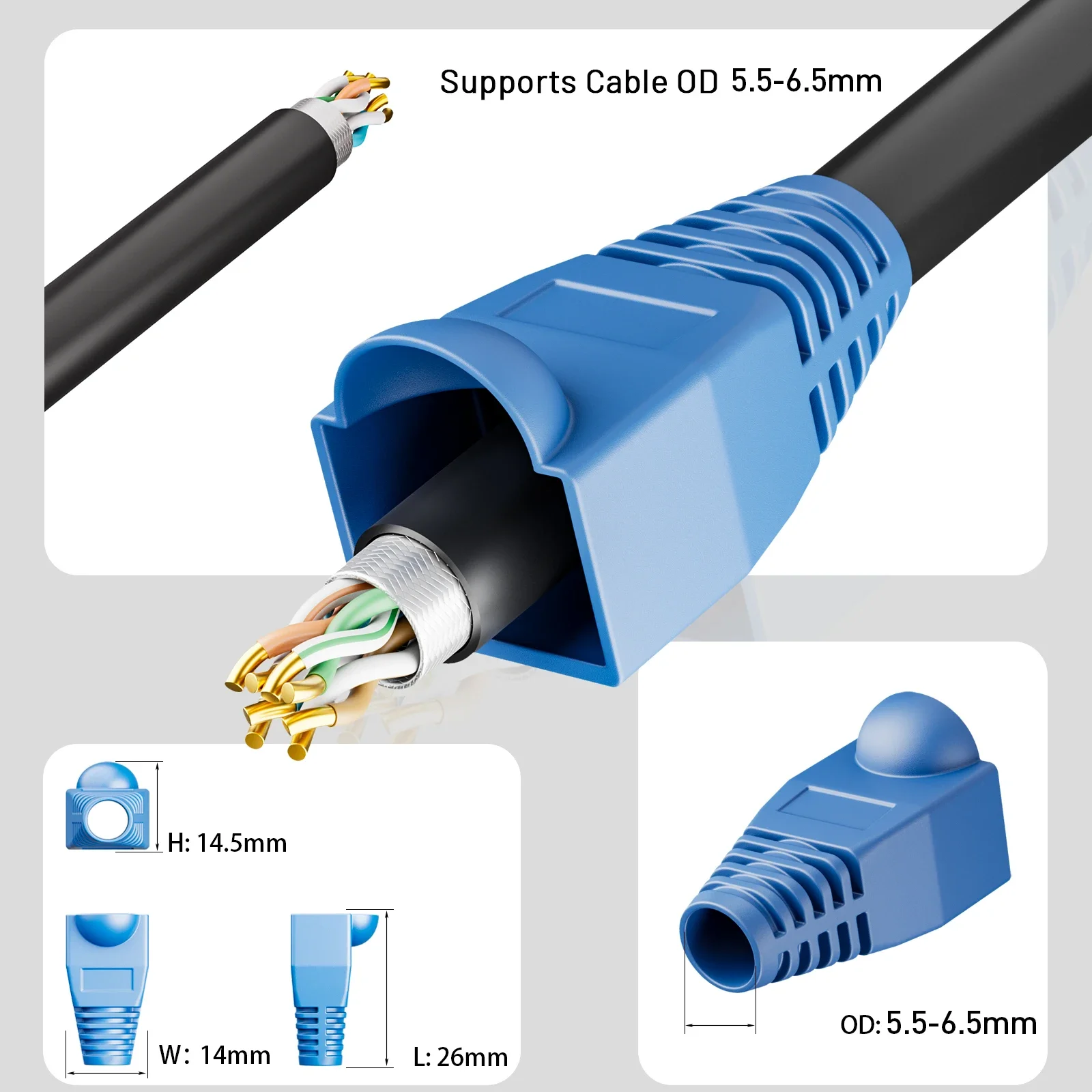 ZoeRax 100/50 ชิ้น ปลอกหุ้มสายเคเบิลเครือข่ายอีเธอร์เน็ต RJ45 CAT6 CAT6E CAT5 CAT5E ป้องกันแรงดึง (เส้นผ่านศูนย์กลางภายนอก 6.5 มม.)