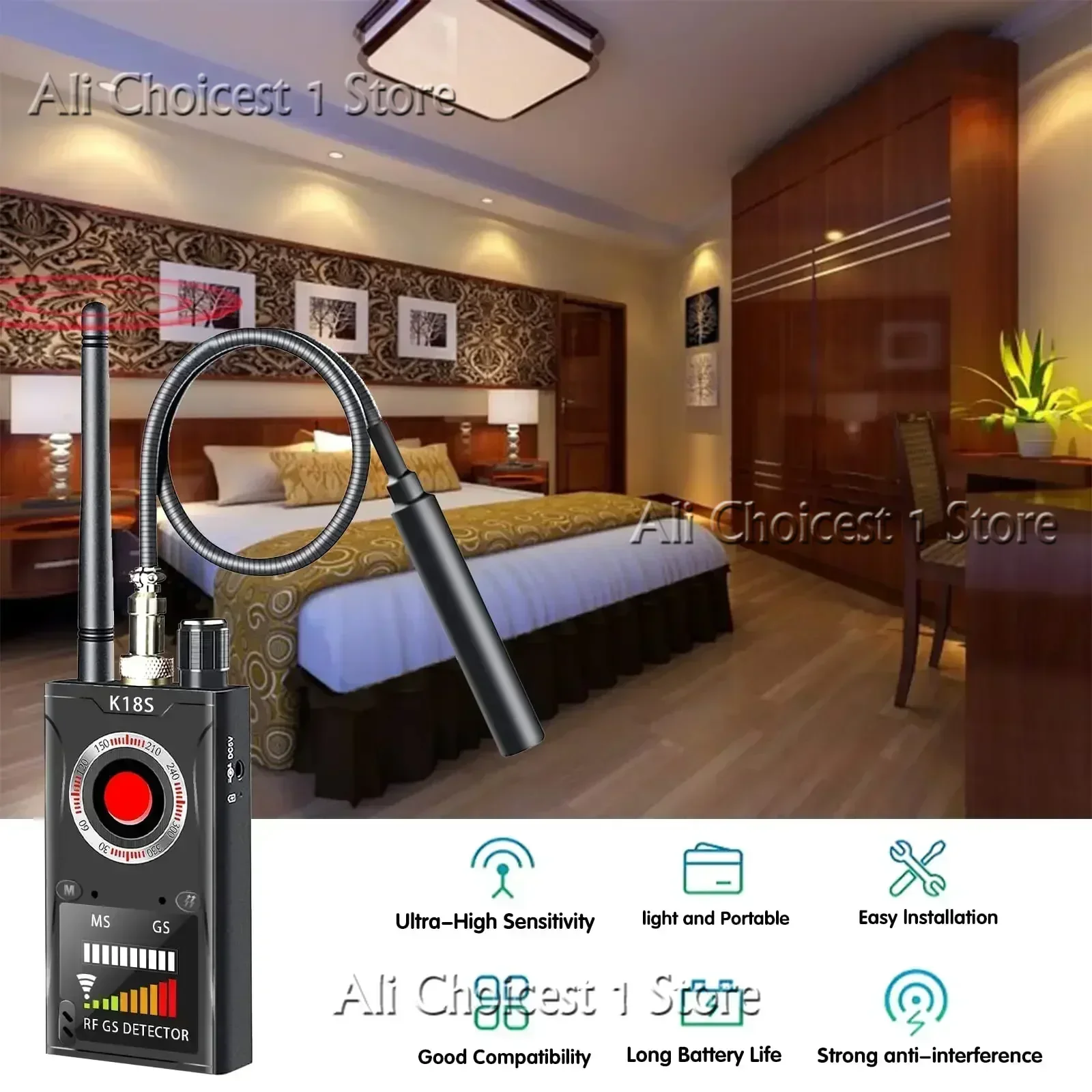 Detektor kamer cofania K18S, lokalizator GSM, wykrywacz błędów audio, skaner sygnału GPS, ulepszony lokalizator RF.