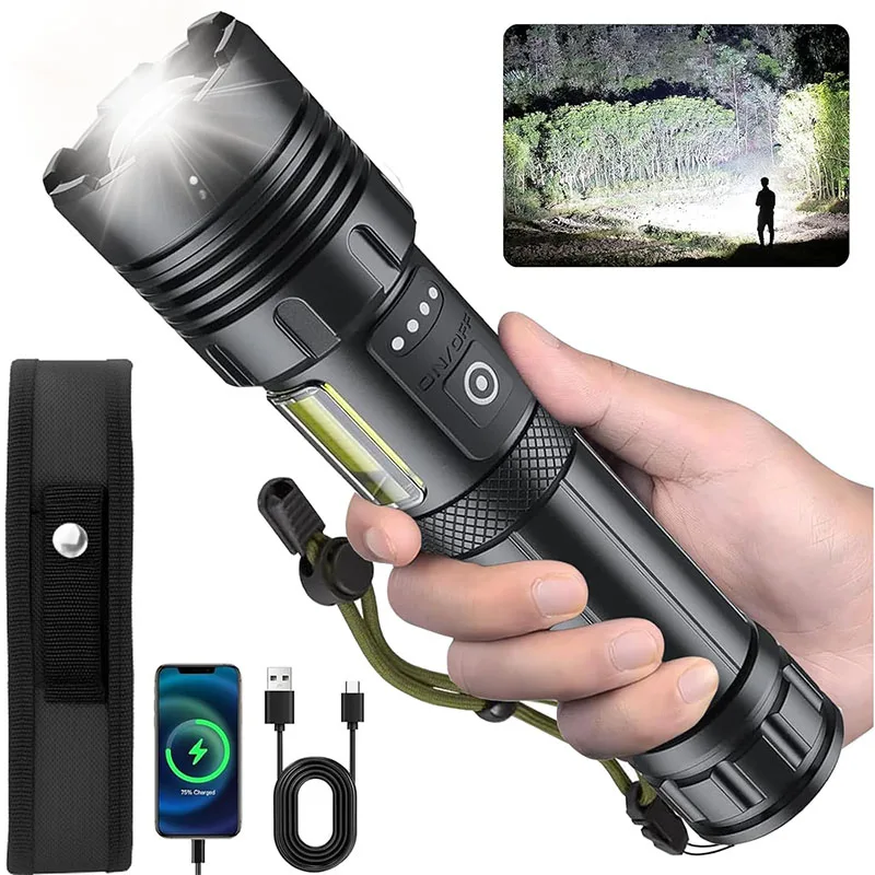 

Powerful COB LED Flashlights USB Rechargeable Tactical Torch with Red Light Emergency Zoom Lantern Built-in 18650 for Camping