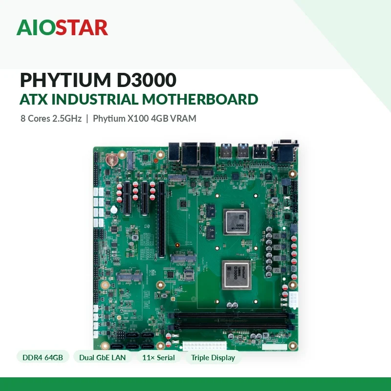 Phytium D3000 ATX Industrial Motherboard 8 Core DDR4 64GB Dual-LAN 9 RS232 2 RS485 PCIe X16 M.2 5 SATA VGA DP for