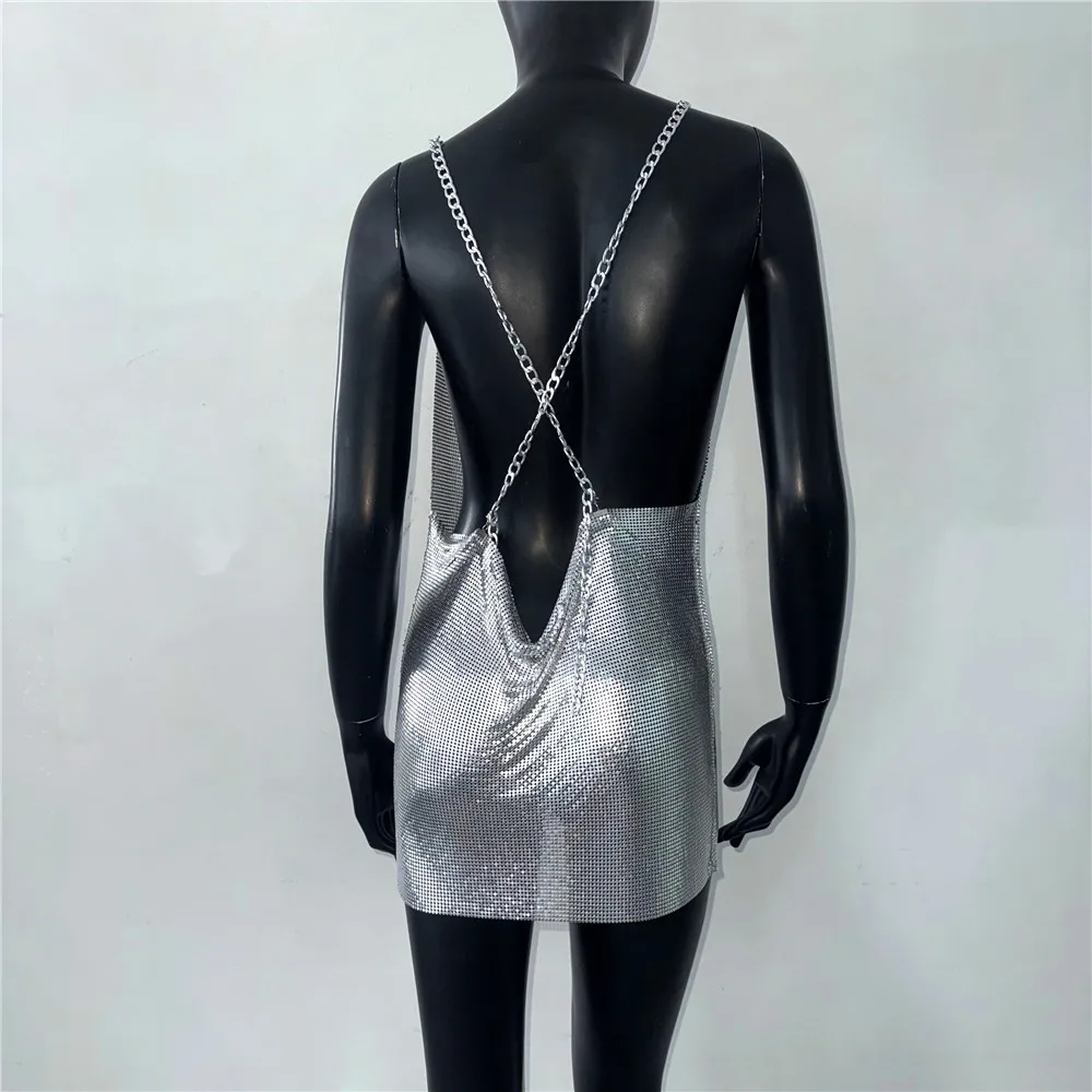 Sexy sem costas profundo decote em v vestido de verão feminino luxo metal lantejoulas design mini vestido vocal concerto festa vestidos de noite novo