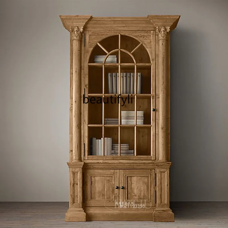 

American rural retro solid wood bookcase European carved bookcase living room display cabinet dining side cabinet villa R