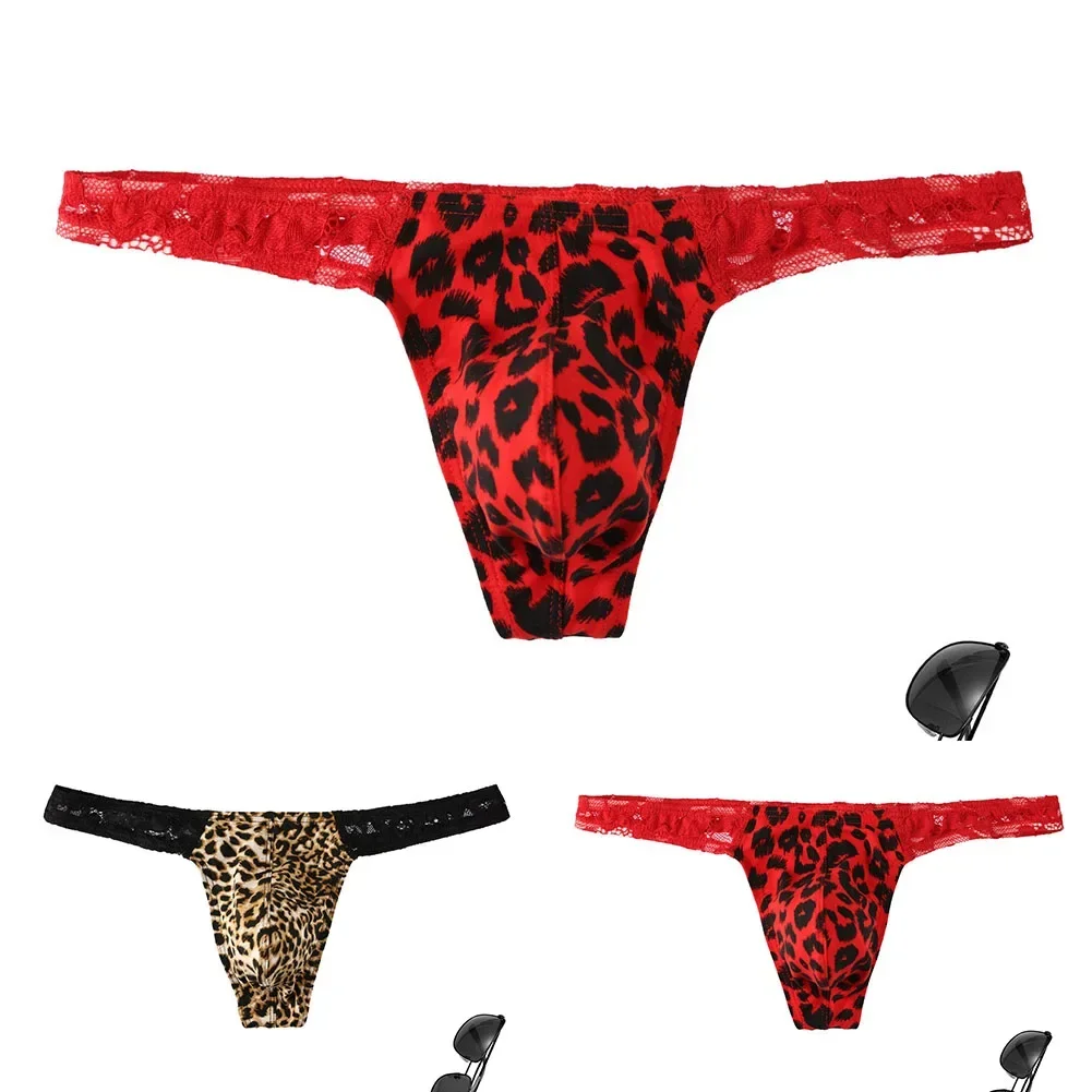 New Men Sexy Lace Leopard Briefs Thongs Low Rise Underpants G-string Hollow Pouch Panties Breathable Lightweight Male T-back